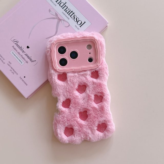 YULIN Plüsch Handyhülle mit 3D Liebesherz in Rosa für iPhone 13 bis iPhone 17 Pro Max - Bild 1
