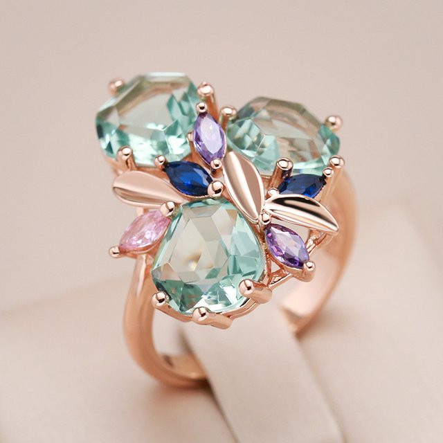 Kinel Mode Ring, 585 Roségold, Grüner Stein, Zirkon, Damen - Bild 1