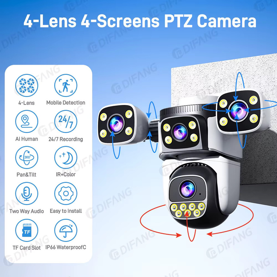 DiFang WLAN PTZ Smart Überwachungskamera mit 20MP Auflösung, 4 Linsen, 5X Zoom, KI Auto-Tracking und Nachtsicht in Weiß - Bild 2