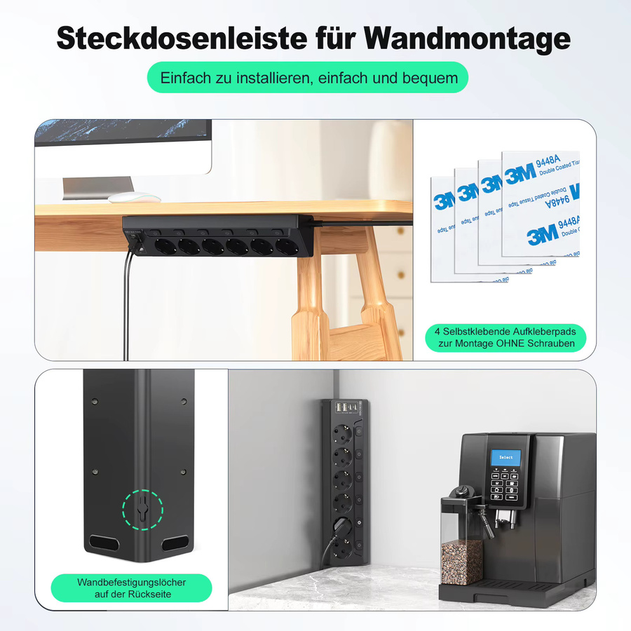 HITRENDS 6-Wege-Eck-Steckdosenleiste in Schwarz mit 2 USB-C Anschlüssen und 2 m Kabel - Bild 4