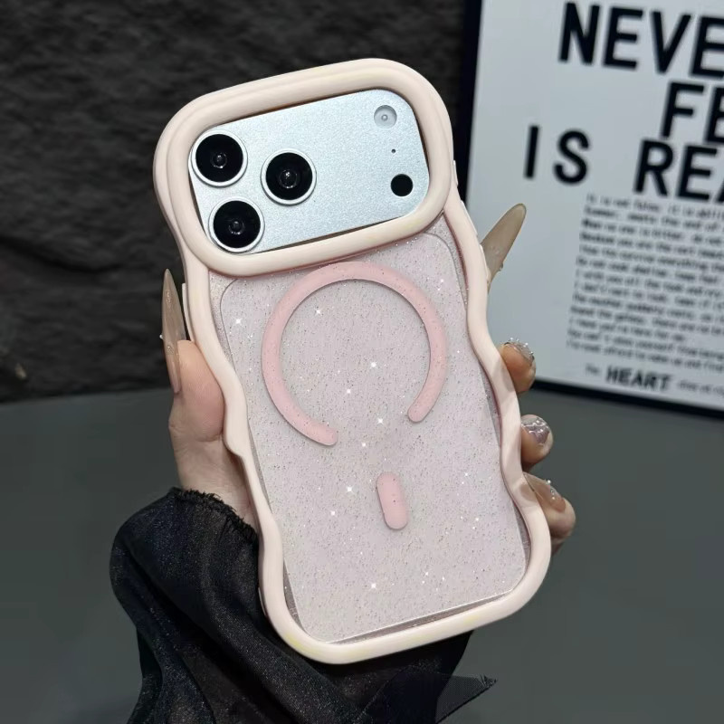 Glänzende Macaron Magnet-Glitzer-Hülle für Apple iPhone 17 16 15 14 13 Pro Max, Transparent Pink, MagSafe kompatibel mit welligem Design - Bild 2