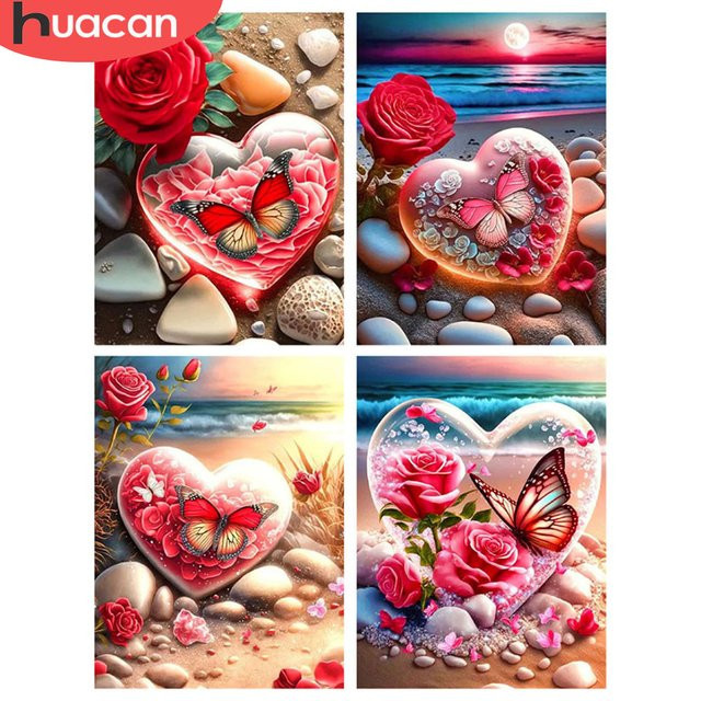 HUACAN Diamantmalerei Set Herz und Landschaft mit Rosen und Meer, Multicolour Mosaik Kit für Tischdekoration, B/H: 30 x 20 cm - Bild 1
