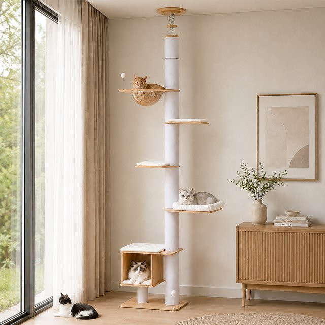 PAWZ Road Moderner Katzenbaum aus Holz in Weiß mit höhenverstellbarem Katzenturm, Acryl-Kapsel, Höhle und Sisal-Kratzpfosten - Bild 1