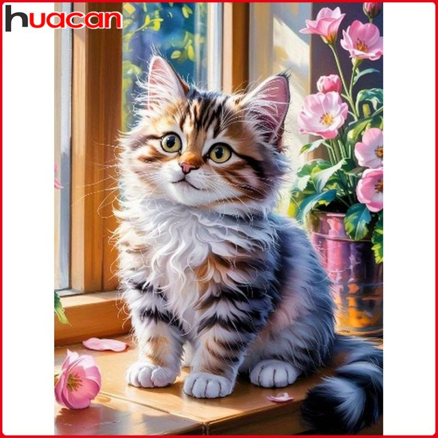 Huacan Diamantgemälde Set mit Katze und Blumen in Multicolour als moderne Wanddekoration - Bild 1