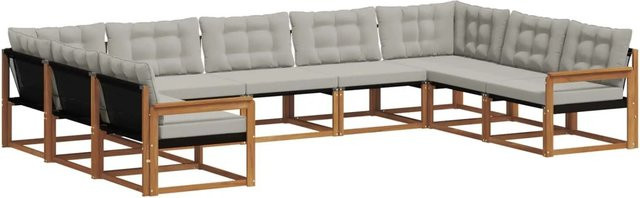 vidaXL Outdoor-Sofagarnitur 9-teilig in U-Form aus massivem Akazienholz und Textilene, Hellgrau/Natur - Bild 1