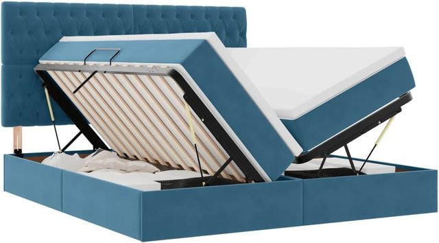 vidaXL Bett mit LED-Lichtleisten und USB-Ladeanschluss aus Samt in Dunkelblau, B/T: 180 x 200 cm - Bild 1