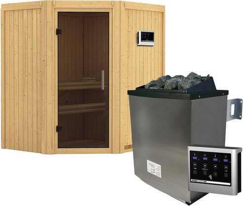 Karibu Sauna Narva in Beige mit 9 kW Saunaofen und externer Steuerung für 3 Personen, B: 198 cm, T: 170 cm, H: 151 cm - Bild 1