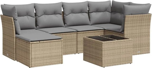 vidaXL 7-tlg. Garten-Sofagarnitur aus Polyrattan in Beige mit Kissen und Couchtisch - Bild 1