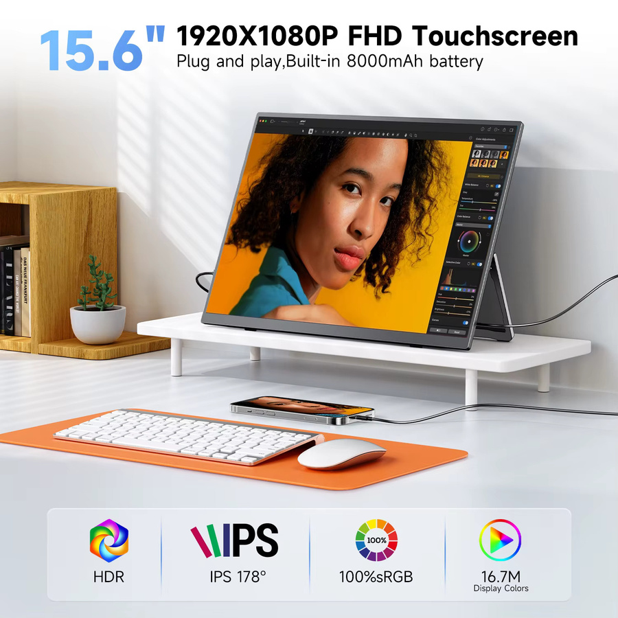 UPERFECT 15,6 Zoll tragbarer Monitor mit Touchscreen, integriertem 8000 mAh Akku, 100 % sRGB, ultradünnes 10-Punkt-Touch-Display in Schwarz mit USB-C und Mini HDMI - Bild 3