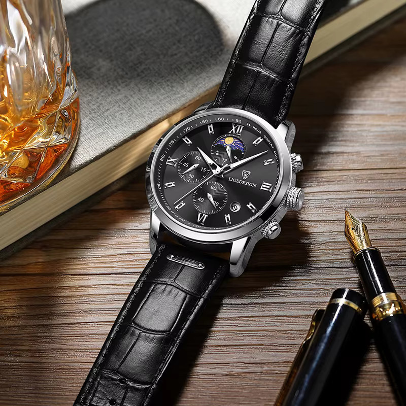 LIGE Armbanduhr Quarz, Leder, Schwarz, Herren - Bild 3