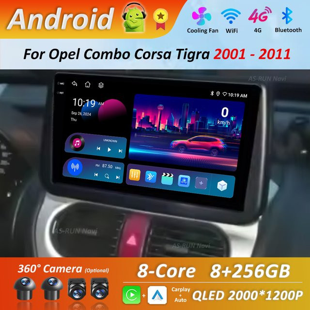 KJ-NAVI Android 14 Autoradio mit Navigation und Multimedia Player für Opel Combo Corsa Tigra 2001–2011, HD Bildschirm, Bluetooth, WiFi und 4G in Schwarz - Bild 1