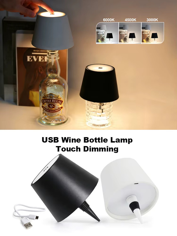 YNL Kabellose LED-Flaschen-Tischlampe aus Glas mit Touch-Steuerung, dimmbar und mit Ladefunktion, modernes Nachtlicht für Zuhause, Bar und Café - Bild 7