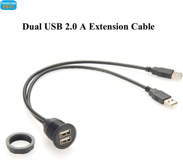 PremierCable Dual-Port USB 2.0 Typ A Verlängerungskabel mit flacher Einbau-Montage, 480Mbps USB A Bulkhead-Verlängerung für Auto und Armaturenbrett, Schwarz - Bild 1