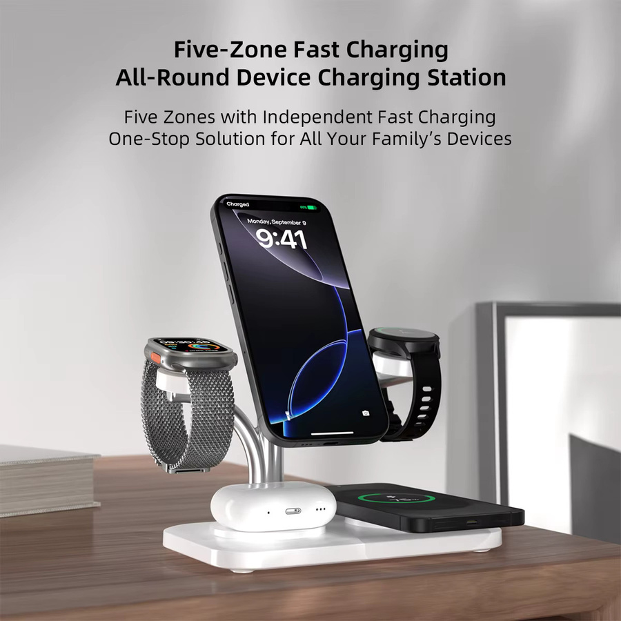 VIKEFON 5 in 1 Magnetisches kabelloses Ladegerät für iPhone 12 bis 17, Samsung Galaxy und Apple Watch sowie AirPods/Buds in Schwarz oder Weiß - Bild 3