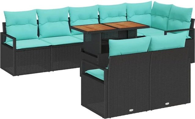 vidaXL Garten Essgruppe 9-teilig aus Poly-Rattan und Akazienholz in Schwarz und Teal - Bild 1