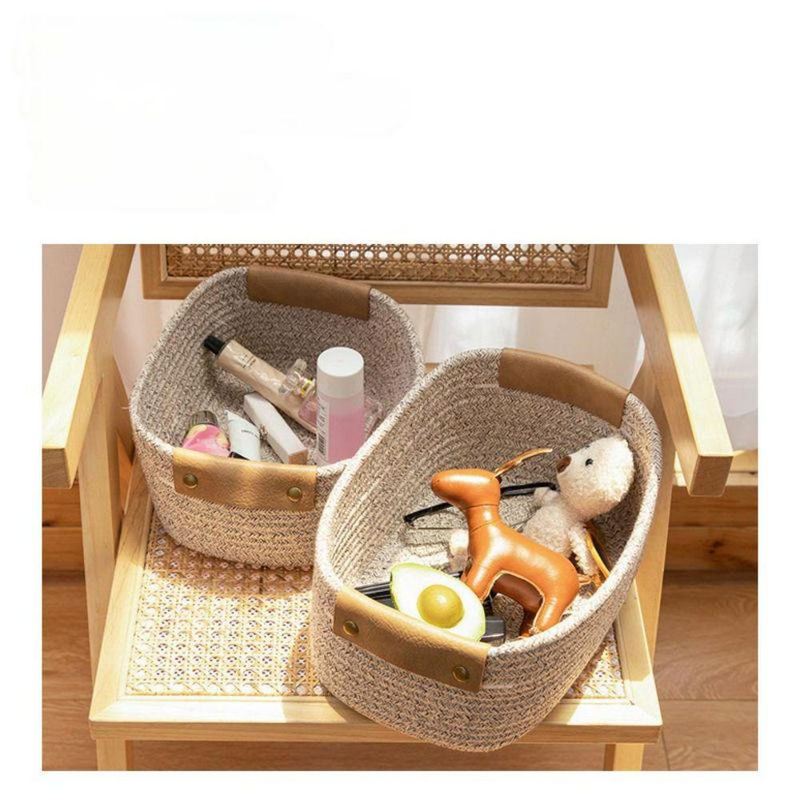NATAWA Aufbewahrungskorb aus Baumwollseil mit Ledergriff, faltbarer Organizer für Kosmetik und Kleinigkeiten, beige/braun - Bild 2
