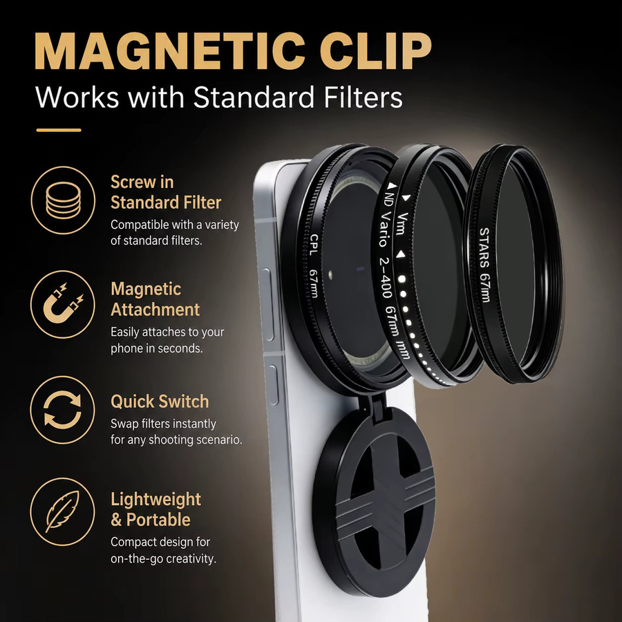 OBKEY Magnetisches Handy-ND-Filter-Set Schwarz, Einstellbarer ND2-400 Kamera-Objektivclip für iPhone und Android Smartphone, 52mm und 67mm für Vlog und Fotografie - Bild 4