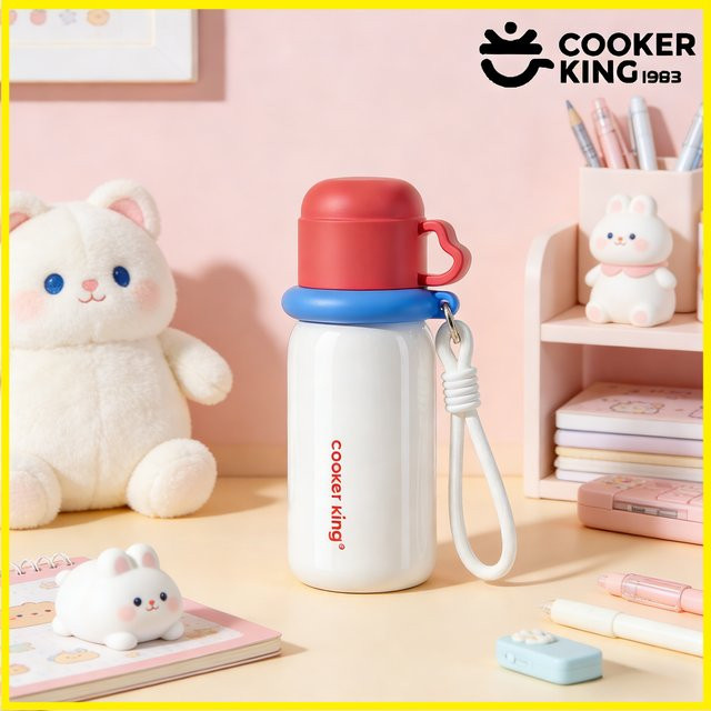 COOKER KING Kinder-Thermosbecher aus Edelstahl mit Strohhalm und Trageseil, Wasserflasche für die Schule, 480 ml, Brownblue - Bild 1