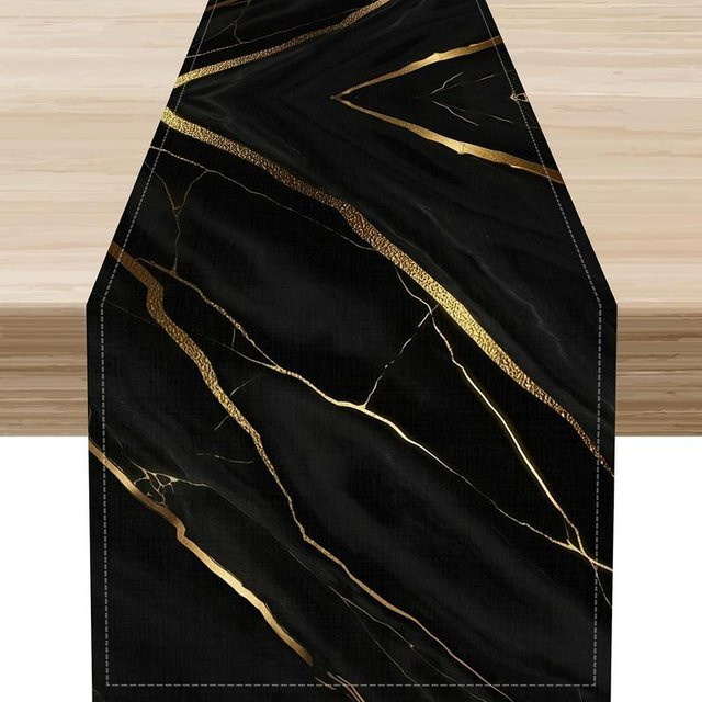 Tischläufer JINGYUE Pet mit schwarzem Goldmarmor-Muster in Beige und Schwarz, B/H: 40 x 140 cm - Bild 1