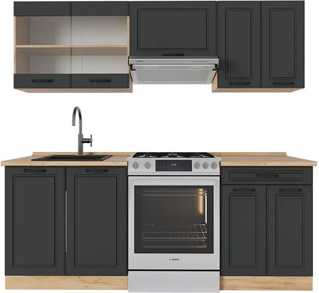 Vicco R-Line Küchenzeile Landhausstil in Anthrazit und Eiche, Breite: 200 cm - Bild 1