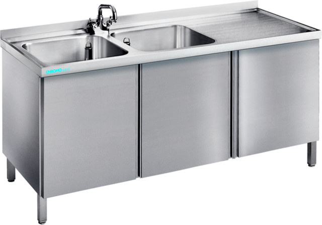CHROMOnorm Spültisch mit 2 Becken links und Flügeltüren, grau, B/H/T: 150 x 90 x 60 cm - Bild 1