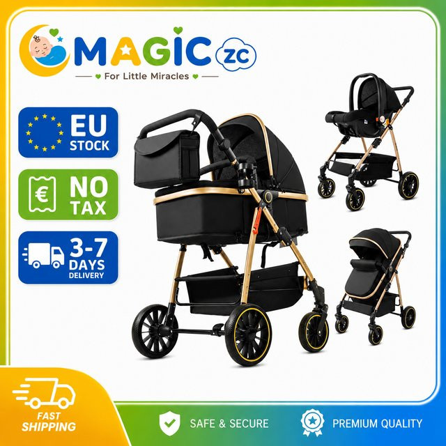 3-in-1 Baby-Kinderwagen Reisesystem mit Babywanne und Babyschale, faltbar und leicht, Schwarz-Gold mit Stoßdämpfung und EVA-Rädern - Bild 1