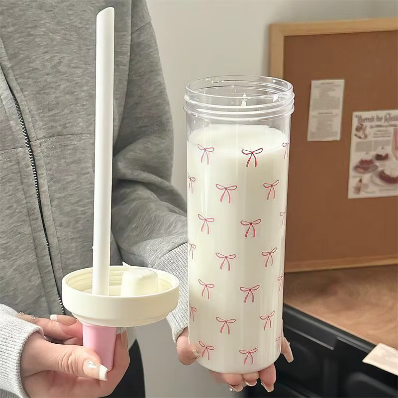 YOCITY Trinkbecher mit Strohdeckel in Pink, 700 ml Tragbarer Tumbler mit Schleifen-Print - Bild 3