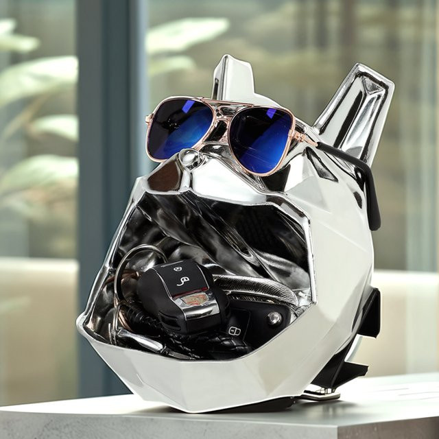 GUGUGUHOME Bulldogge Hundekopf Figur mit Aufbewahrung aus Kunstharz in Golden und Silber im geometrischen Design - Bild 1