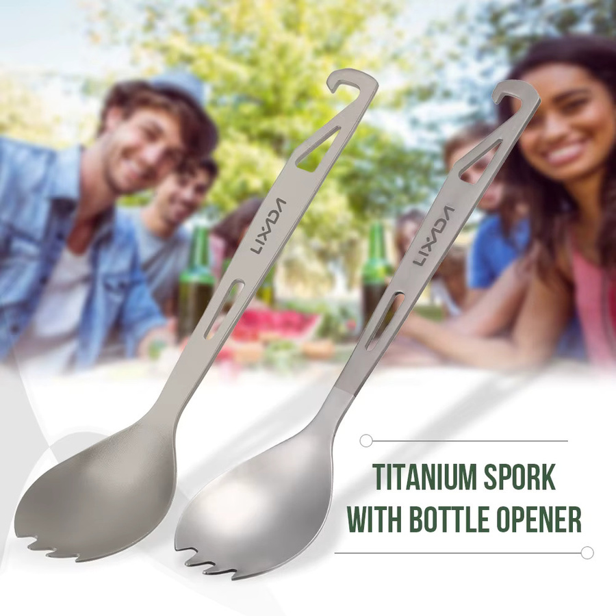 Lixada 2 in 1 Outdoor Titan Spork mit Flaschenöffner, Camping Geschirr Gabel und Löffel, Silber - Bild 3