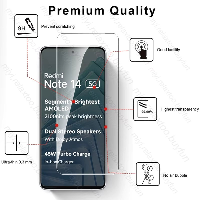 5er-Pack Gehärtetes Schutzglas für Xiaomi Redmi Note 14 5G und 4G, Transparent, HD Display Schutzfolie - Bild 3