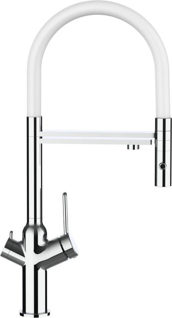 VIZIO Küchenarmatur mit 4-Wege-Wasserhahn, 360 Grad schwenkbarer Auslauf, abnehmbare 2-Strahl-Handbrause und Filterfunktion, Verchromt, Weiß - Bild 1