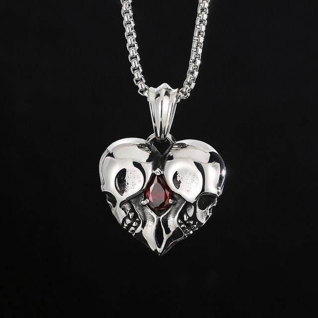 NORTHMAN Halskette Edelstahl, Schädel Herz, Kristall, Silber, Unisex - Bild 1