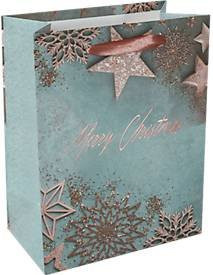 Sigel Glamorous Christmas Geschenktasche mit Sternen und Seidenbandgriffen, blau-kupfer, B: 18,0 cm, T: 10,0 cm, H: 23,0 cm - Bild 1