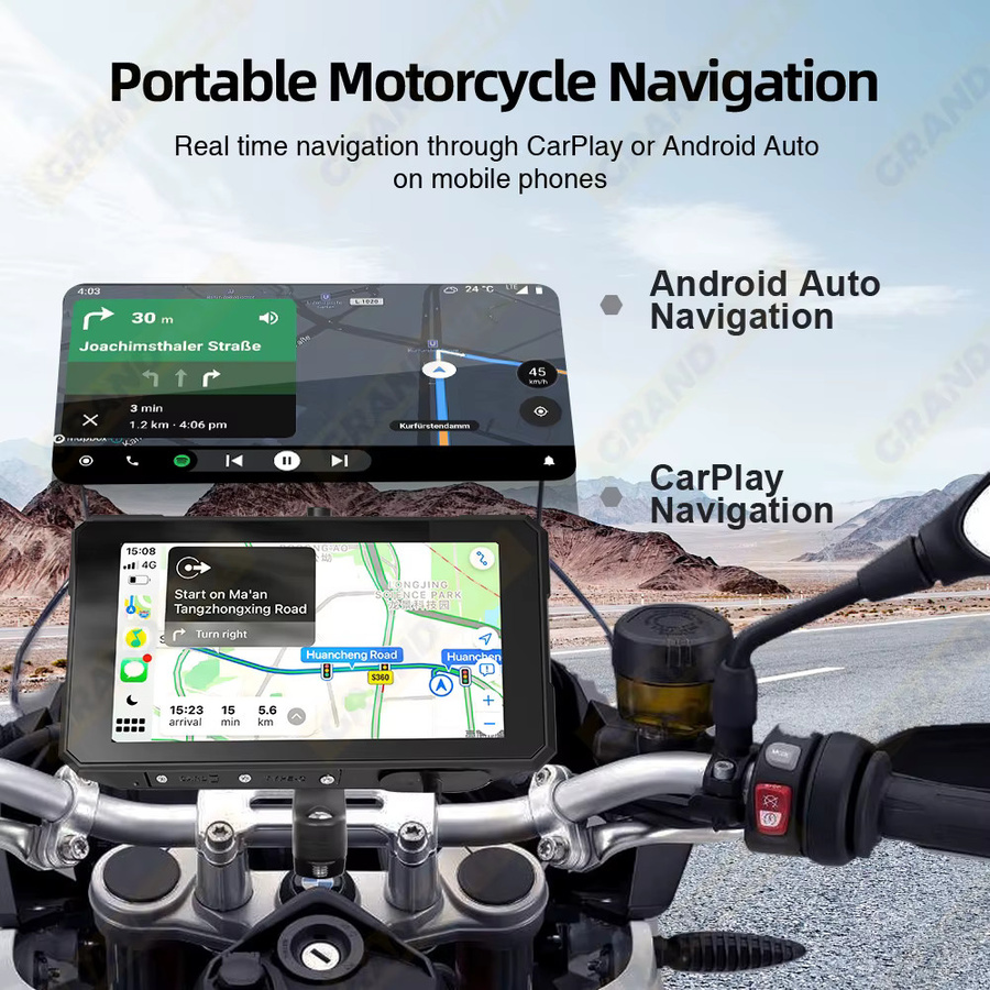 Grandnavi 5-Zoll Motorrad-Navigation mit GPS, Bluetooth, Wireless CarPlay und Android Auto, Magnetische Schnellverschlusshalterung, Schwarz - Bild 5