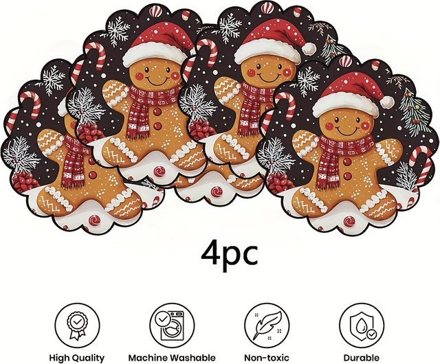 VIKAMA 4er-Set Weihnachts-Platzsets mit Lebkuchenmann-Motiv, Mehrfarbig, B/T: 38 x 38 cm - Bild 1