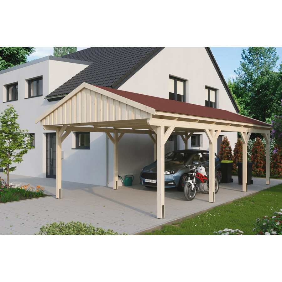 Skan Holz Carport Fichtelberg aus Fichte Leimholz mit spitzer Dachform und Dachschindeln in Beige, B: 423 cm, T: 808 cm, H: 326 cm - Bild 2