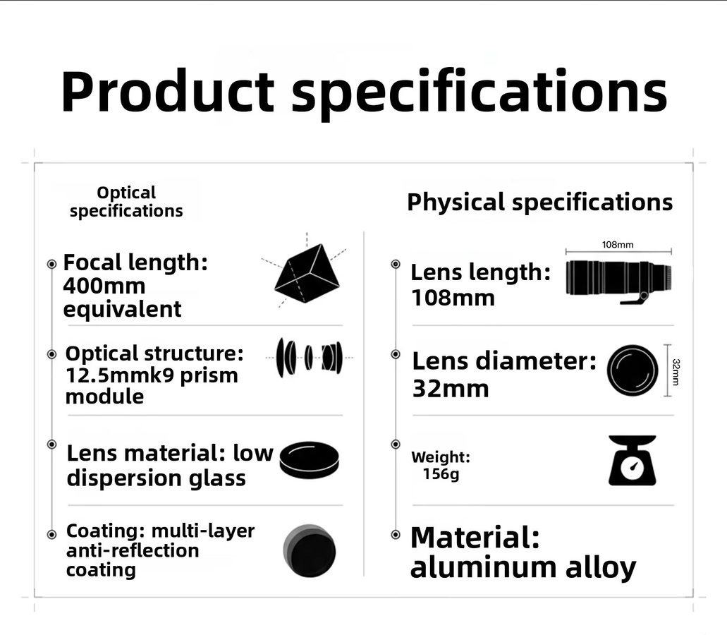 Fotorgear Mini-Teleobjektiv für Mobiltelefone mit 400 mm Brennweite und T-Mount Anschluss für Fernfotografie - Bild 1