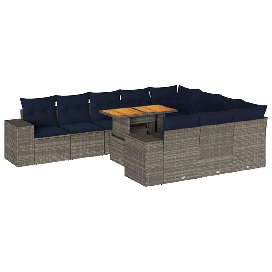 vidaXL 11-tlg Garten-Sofagarnitur aus Poly-Rattan und Akazienholz in Grau mit Kissen - Bild 2