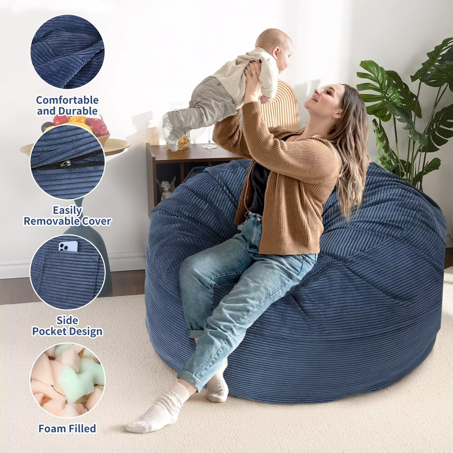 HiMISS 2-in-1 Cord-Sitzsack für Erwachsene als konvertierbares Bodensofa und Matratze in Blau - Bild 3