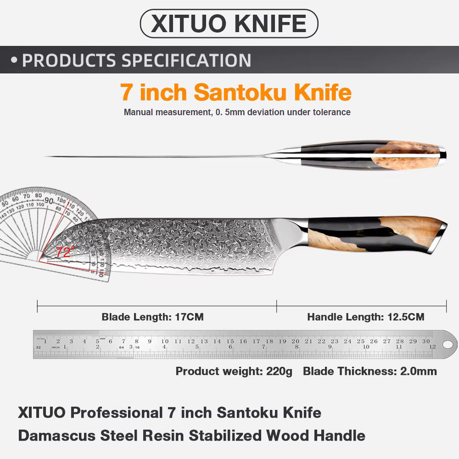 Xituo Santoku-Messer aus Damaststahl mit VG10-Klinge und Holzgriff, 17,78 cm, Mehrfarbig - Bild 2