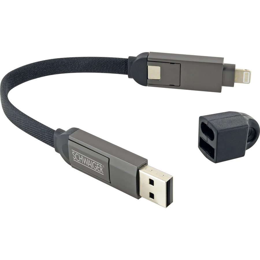 Schwaiger 4 in 1 Ladekabel LKUC4101 Schwarz mit USB-A, USB-C und Lightning Anschlüssen, Länge: 60 cm - Bild 2