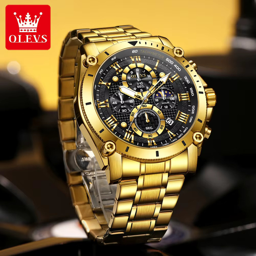 OLEVS Armbanduhr, Quarz, Edelstahl, Gold, Blau, Herren - Bild 2