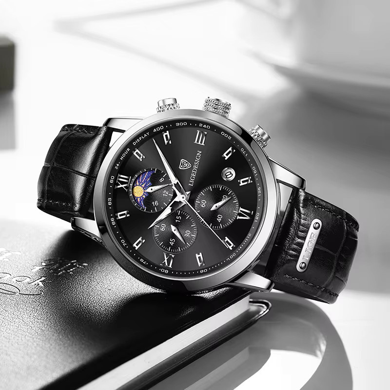 LIGE Armbanduhr Quarz, Leder, Schwarz, Herren - Bild 2