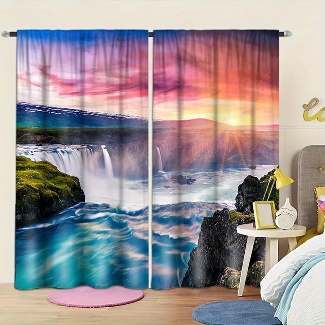 Bedruckter Vorhang mit Naturlandschaft, Wasserfall und Kranich, halbtransparent, Mehrfarbig, Breite: 100 cm, Höhe: 130 cm - Bild 1