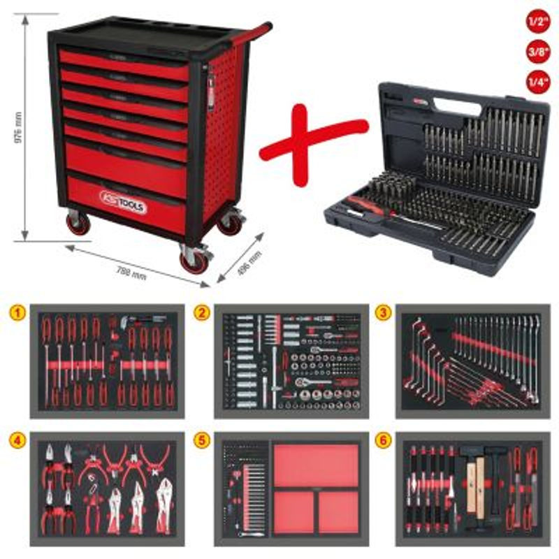 KS Tools RACINGline Werkstattwagen aus Stahlblech mit 7 Schubladen und 598 Premium-Werkzeugen in Schwarz und Rot - Bild 3
