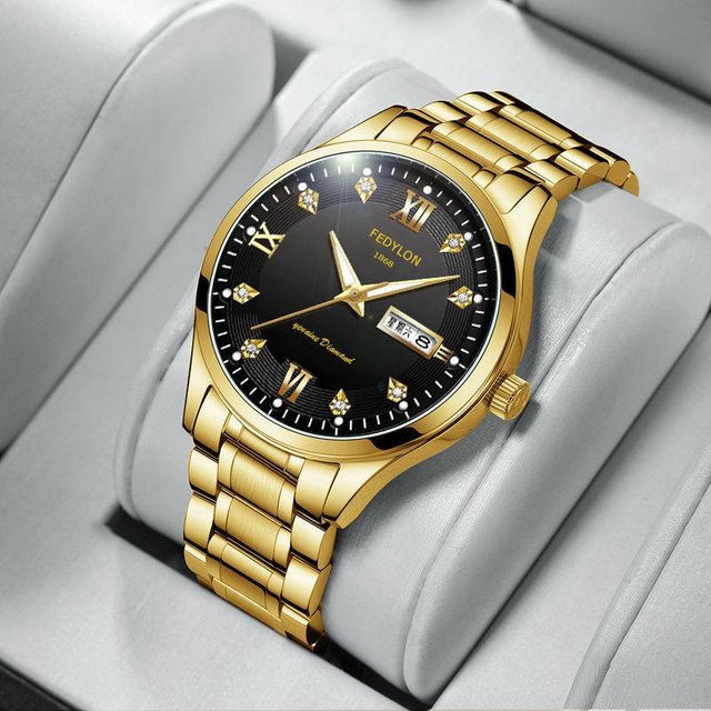 YIRAN Jewelry Armbanduhr, Quarz, Edelstahl, Gold, Diamantbesetzt, Herren, Schwarz - Bild 1
