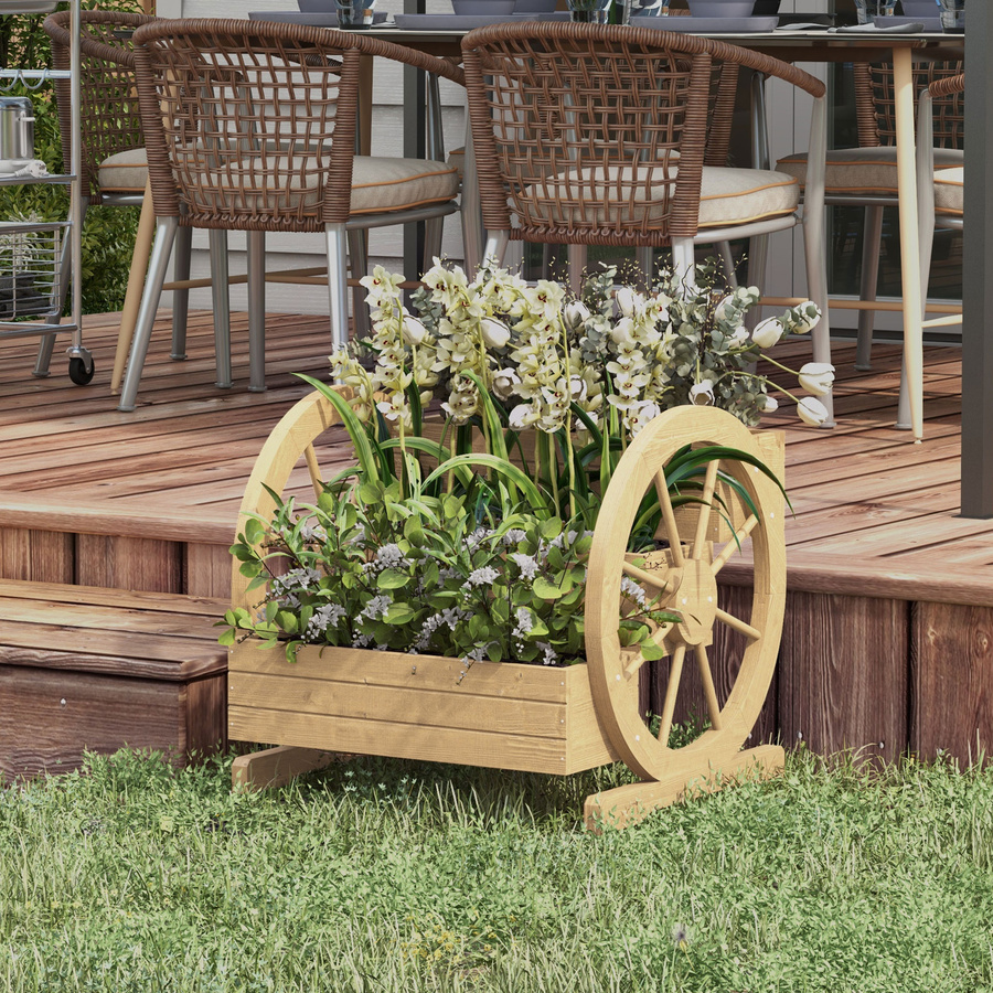 Outsunny Hochbeet aus Holz in Braun mit 3 Etagen und Wagenrad-Dekor, Blumenkasten und Kräuterbeet mit Entwässerungslöchern für Garten und Balkon, B/T/H: 61 x 62 x 57 cm - Bild 2