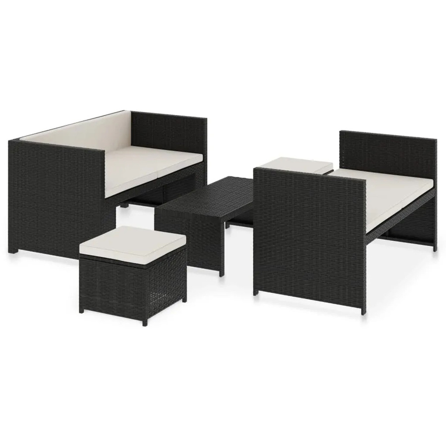 vidaXL 5-tlg Garten-Lounge-Set aus Poly Rattan in Schwarz mit Auflagen und Polstern, modernes L-Shape Set mit Sofa, Couchtisch und Ottoman - Bild 2