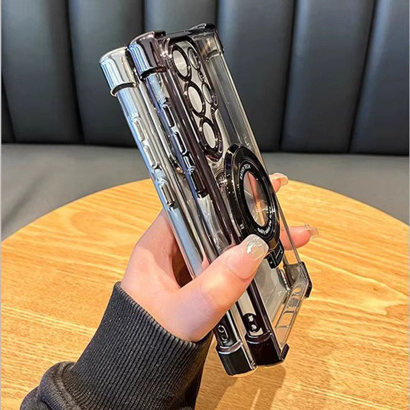 Stoßfeste magnetische Schutzhülle mit Ständer und Objektivschutz für Samsung Galaxy S26 Ultra in Transparent/Silver - Bild 2