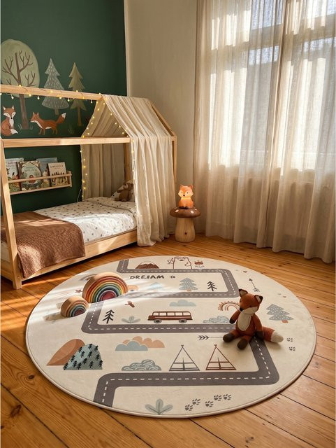 Waschbarer Kinderteppich Straßenkarte Abenteuer von Kadima Design in Creme und Multicolour, B/B: 160 x 160 cm - Bild 1